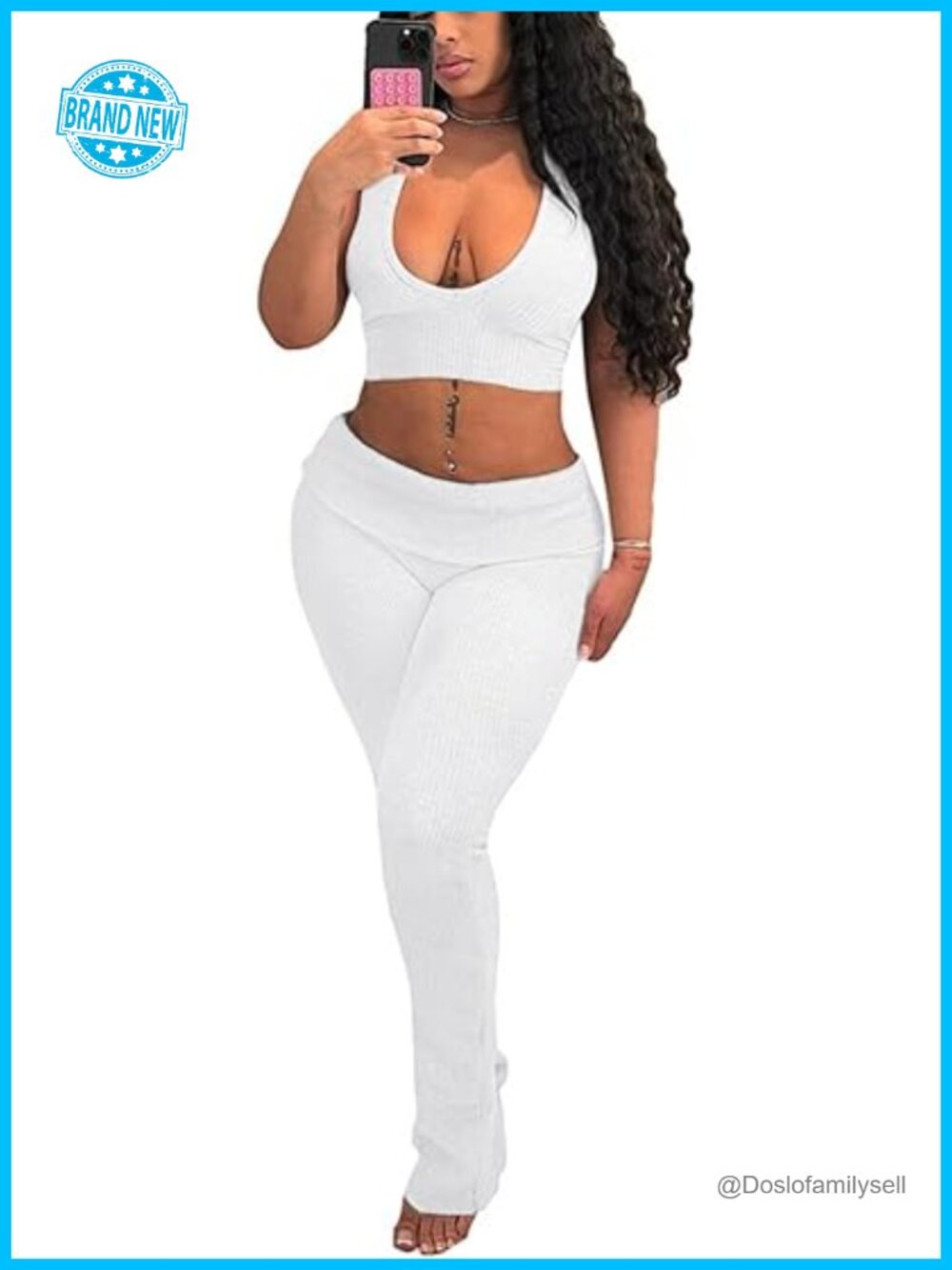 Ribbed Knit 2 Piece Outfit Halter Crop Top Foldover Leggings Set
